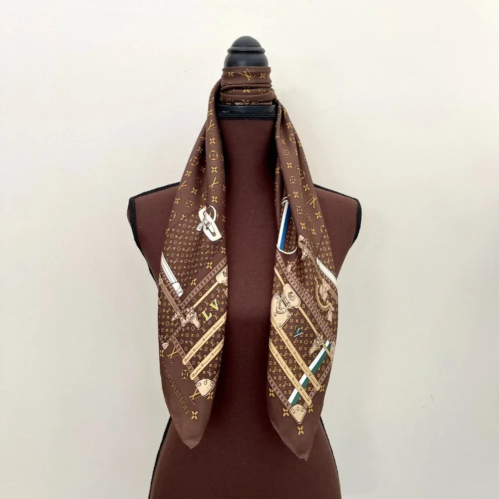 Louis Vuitton Scarf  Travel Trunks Monogram Brown Silk Wrap